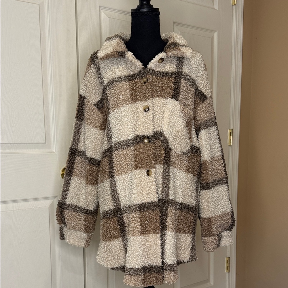 SHEIN Cream and Brown Teddy Jacket